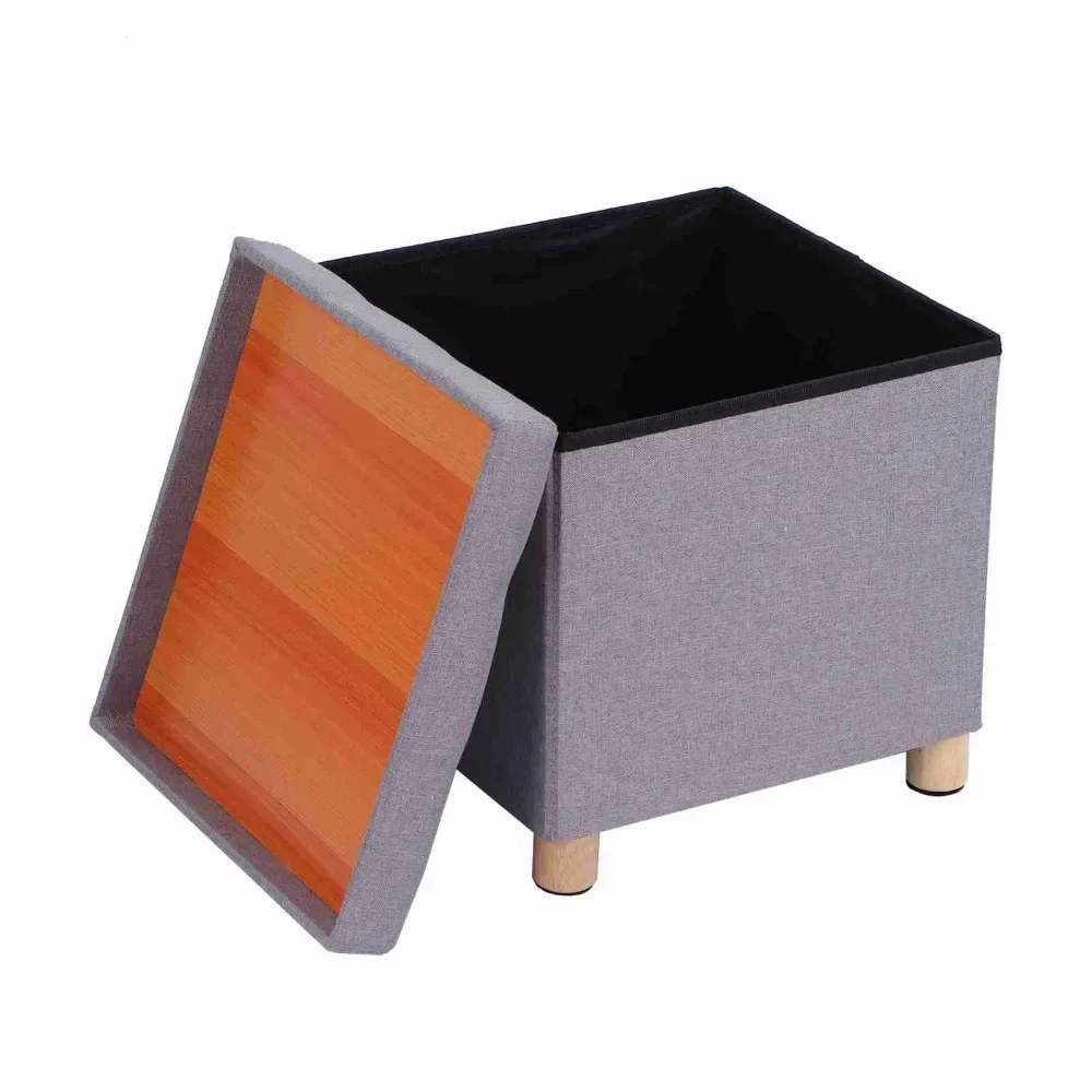 Folding Storage Square Foot Rest Stool with 4 Wooden Legs and Removable Cushion (Light Gray)