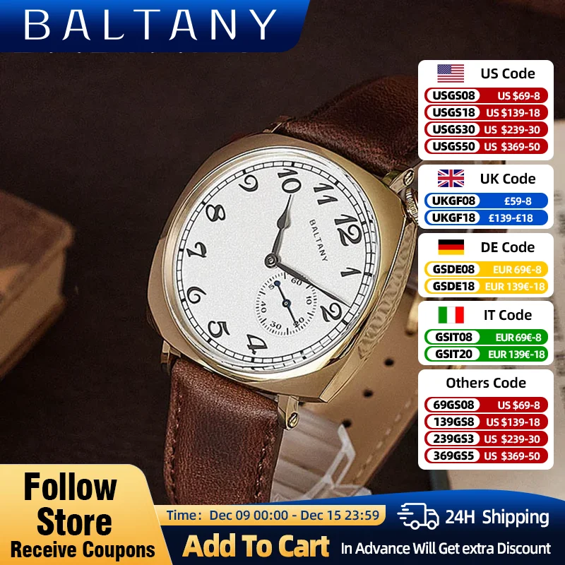 Baltany 1921 Retro Homage Wathces ST1701 34mm Gold Case Sapphire Leather 5ATM Stainless Steel Square Vintage Dress Wristwatches