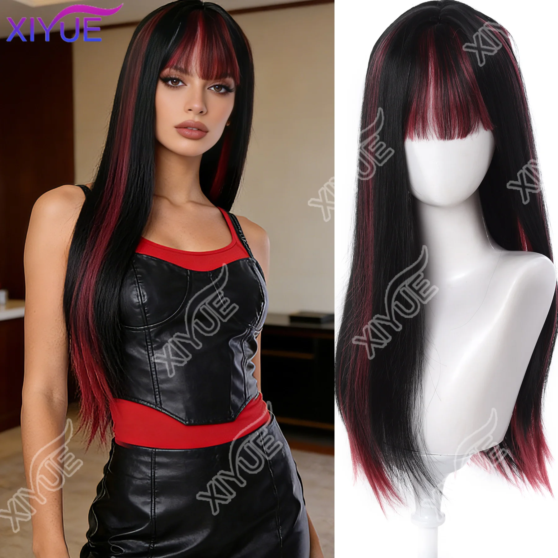 

XIYUE Синтетический парик для косплея, красный мелированный парик, длинные прямые волосы с челкой, термостойкий для женщин, косплей и повседневная одежда