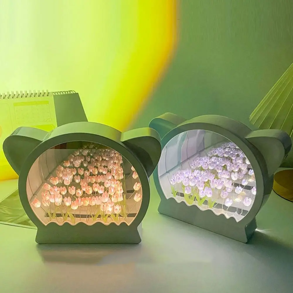 Simulação flor cabeça de gato tulipa espelho artesanal criativo luz de mesa tridimensional artificial lâmpada de cabeceira casa