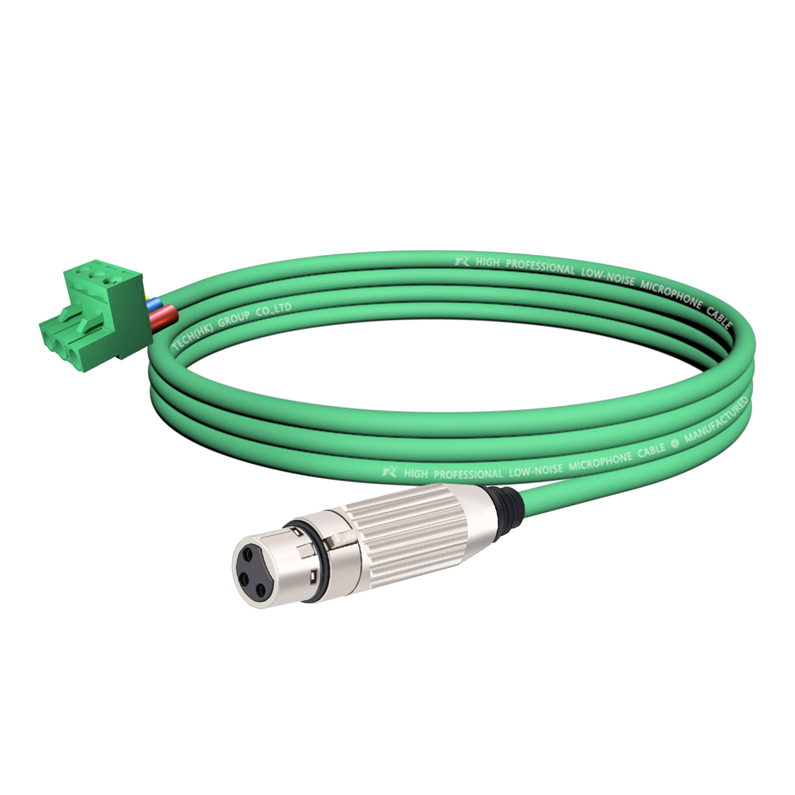 3-poliger Phoenix-Stecker, verbunden mit einem versilberten XLR 3-poligen Stecker, farbcodiertes Kabel, geeignet für professionelle Audiogeräte. – Detail 15