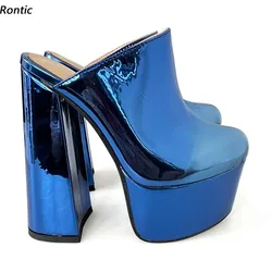 Rontic High Quality Women Platform Mules Pumps Sexy Wedges Heels Round Toe Pretty Blue Fuchsia Shoes Ladies US Plus Size 5-20