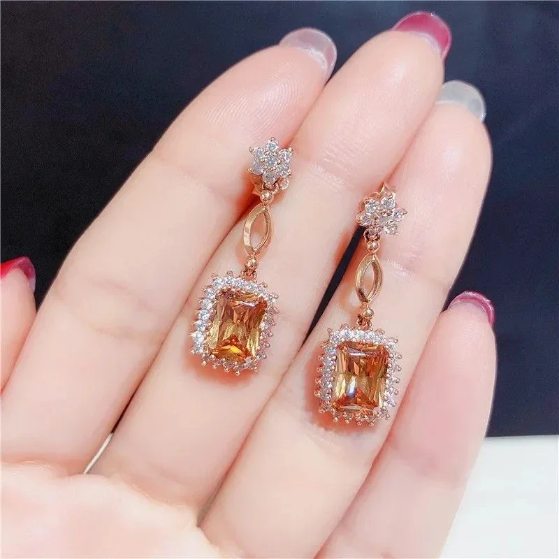 

585 Purple Gold Inlaid Champagne Crystal Earrings for Women Plated 14K Rose Gold Elegant Light Luxury Stud Earings Jewelry