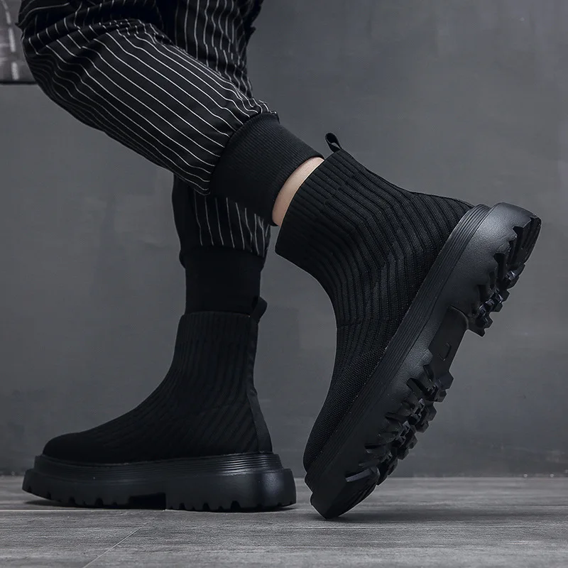 Green Platform Heightened Thick Bottom Men\'s Sock Ankle Boots Round Toe Slip On Men\'s Boots Chelsea High Top Shoes Men