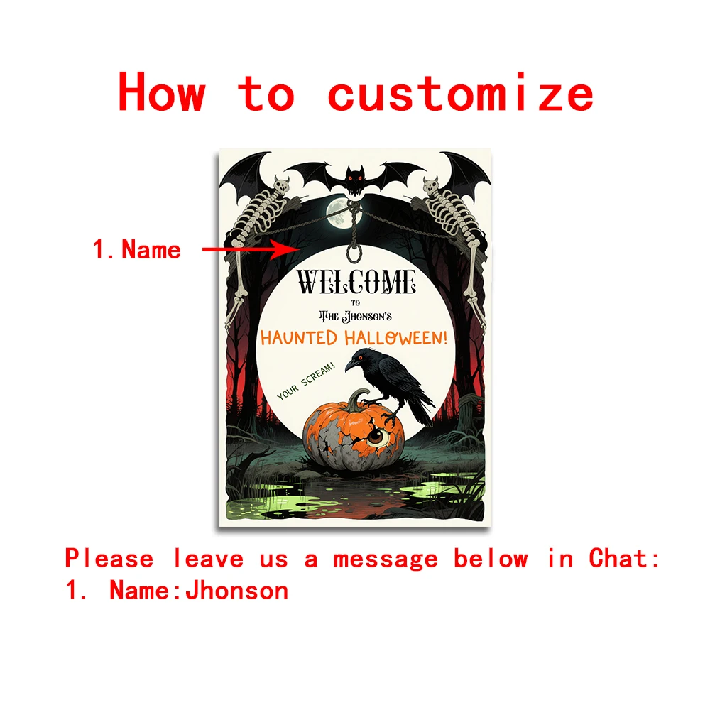 Custom Halloween Welcome Sign - Personalized Name Poster - Witch Ghost Pumpkin Decorr - Porch Party Hanging Art-Spooky Home Dec