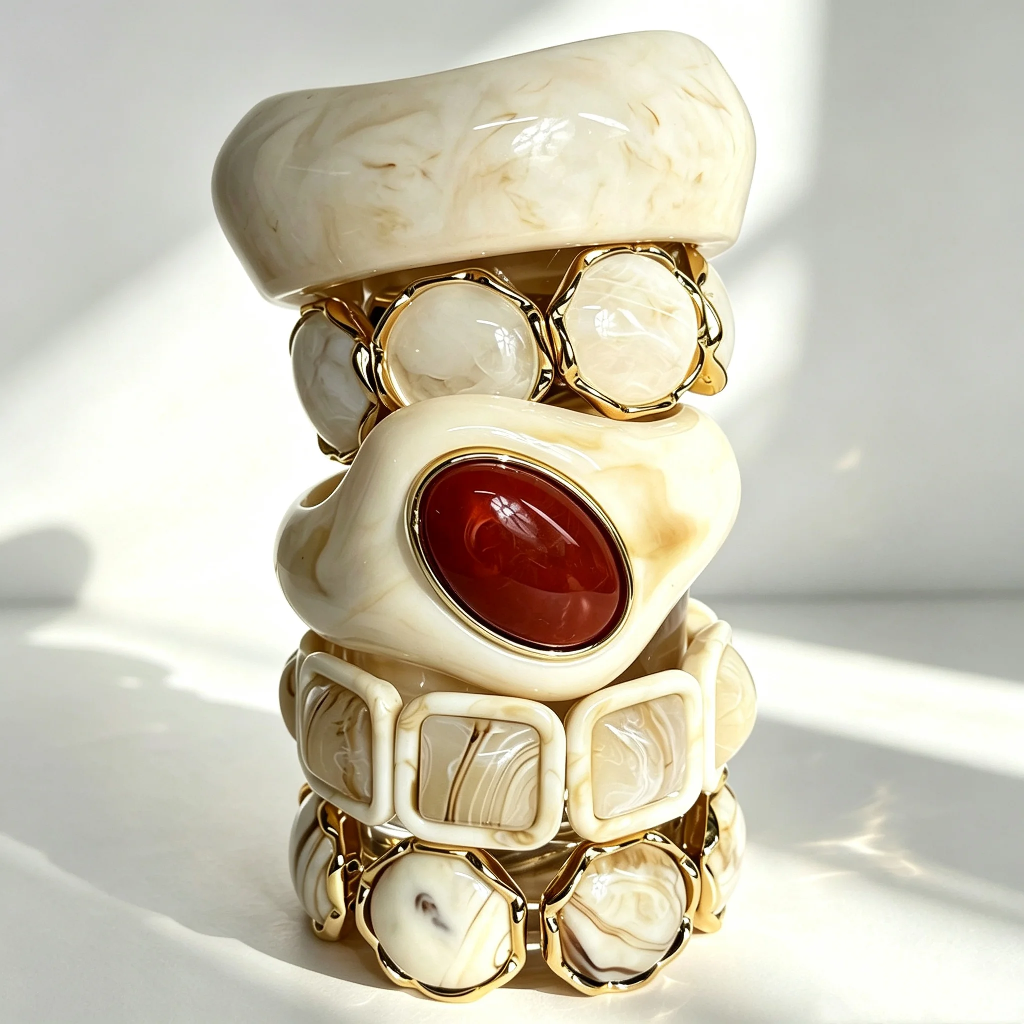 Vintage Off White Marble Patterned Resin Wide Geometric Bracelet with Gold Trim Red Agate Inlays Women's Jewelry Party Gifts