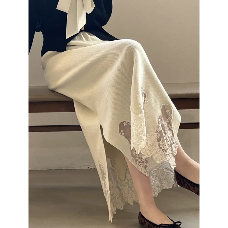 Knitted Lace Elastic Skirt Women 2024 Autumn Winter New Korean Chic Thick Split Elegant Vintage Basic Black White Lady Skirt