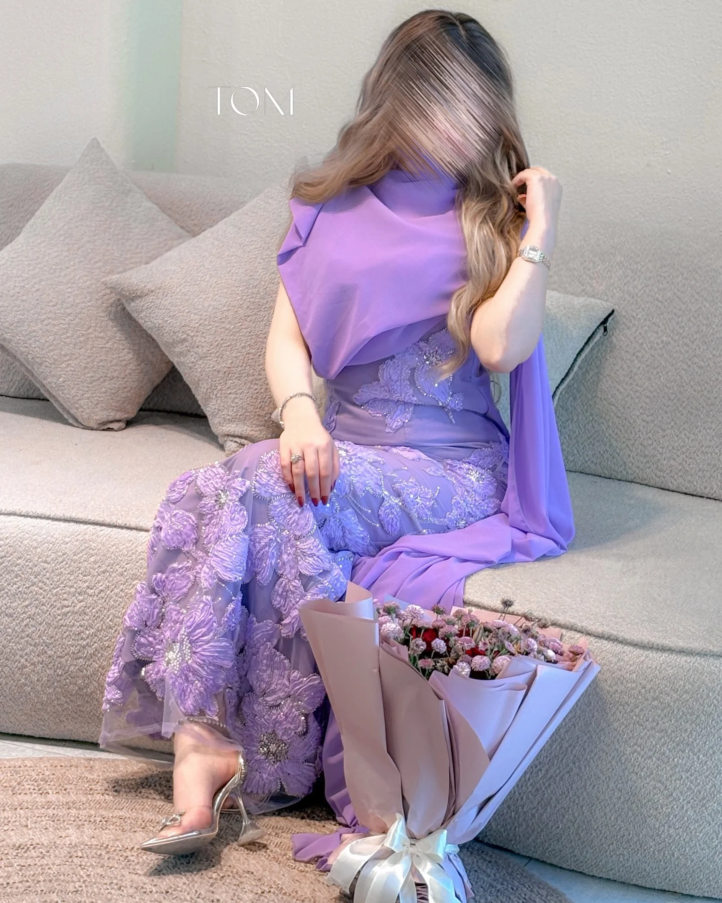 Ofherown Abendkleid aus Chiffon mit Perlenapplikationen, Ballkleid, drapiertes Cape, Maxi-Kleid, Saudi-Arabien, formelles Partykleid für Damen