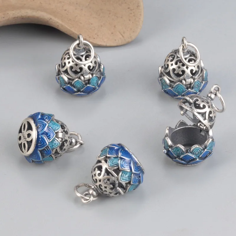 925 Sterling Silver Blue Lotus Flower Pendants Can Open Ethnic Vintage Sachet Fragrance Aromatherapy Jewelry DIY Material DZ001