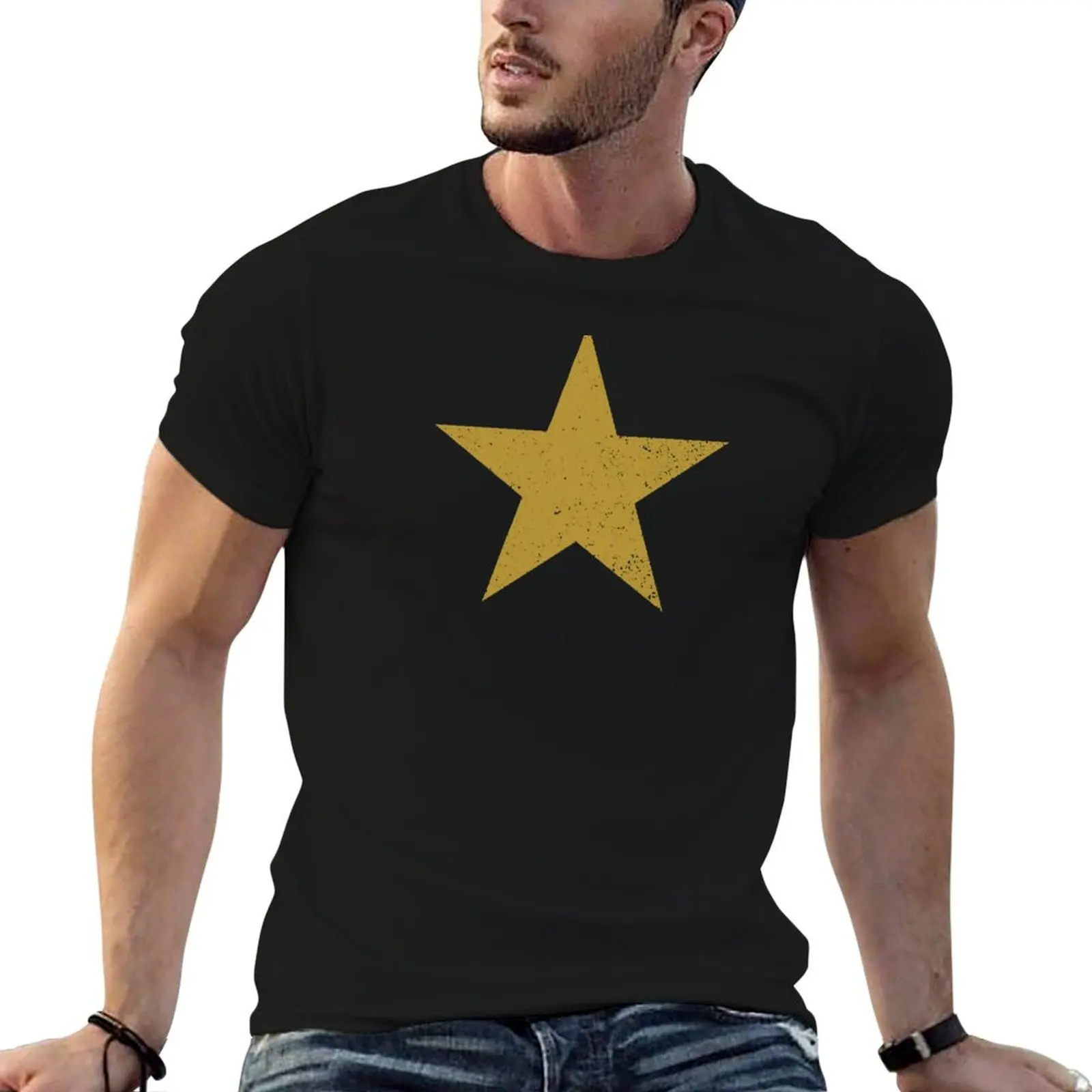 

Gold Star (On Black) T-Shirt men t shirt cotton 100% man t shirt luxury T-Shirt
