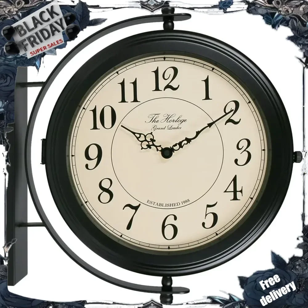 

16-Inch Double Sided Metal Wall Clock with Black Frame.Sturdy Frame,Easy Read,Garden,Home Décor,Indoor,Outdoor