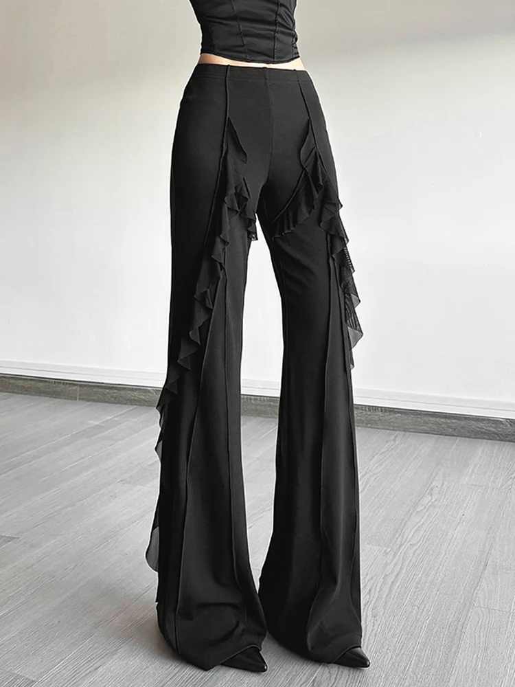 WEIRD PUSS 트렌디 밀레니엄 걸 캐주얼 팬츠 여성용 패셔너블 올매치 슬리밍 마이크로 플레어 팬츠 거즈 포함