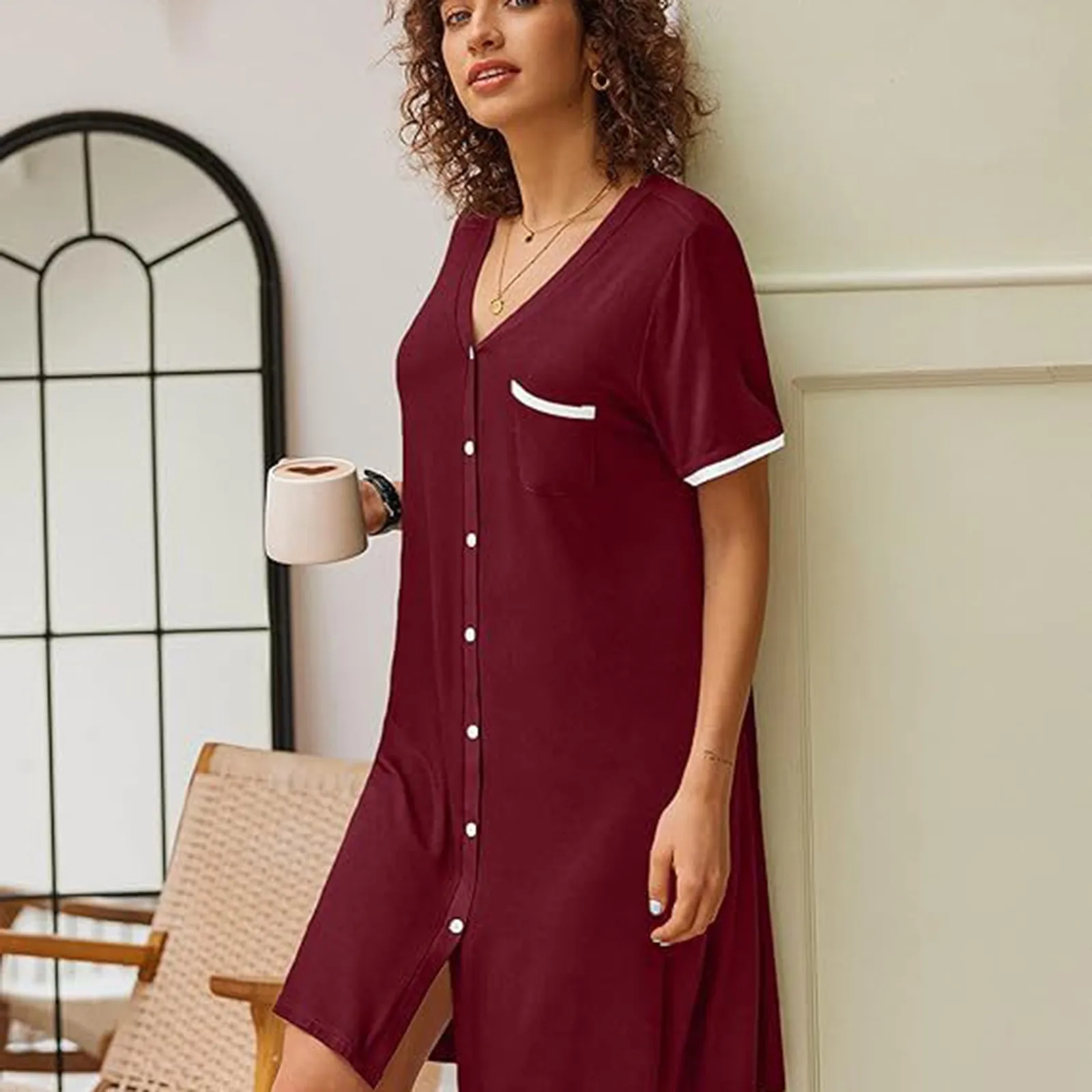 

Summer Elegant Button Up Midi Dress For Women V-Neck Short Sleeved Patchwork Knee Length Skirt Female Casual Loose Fit Dresses