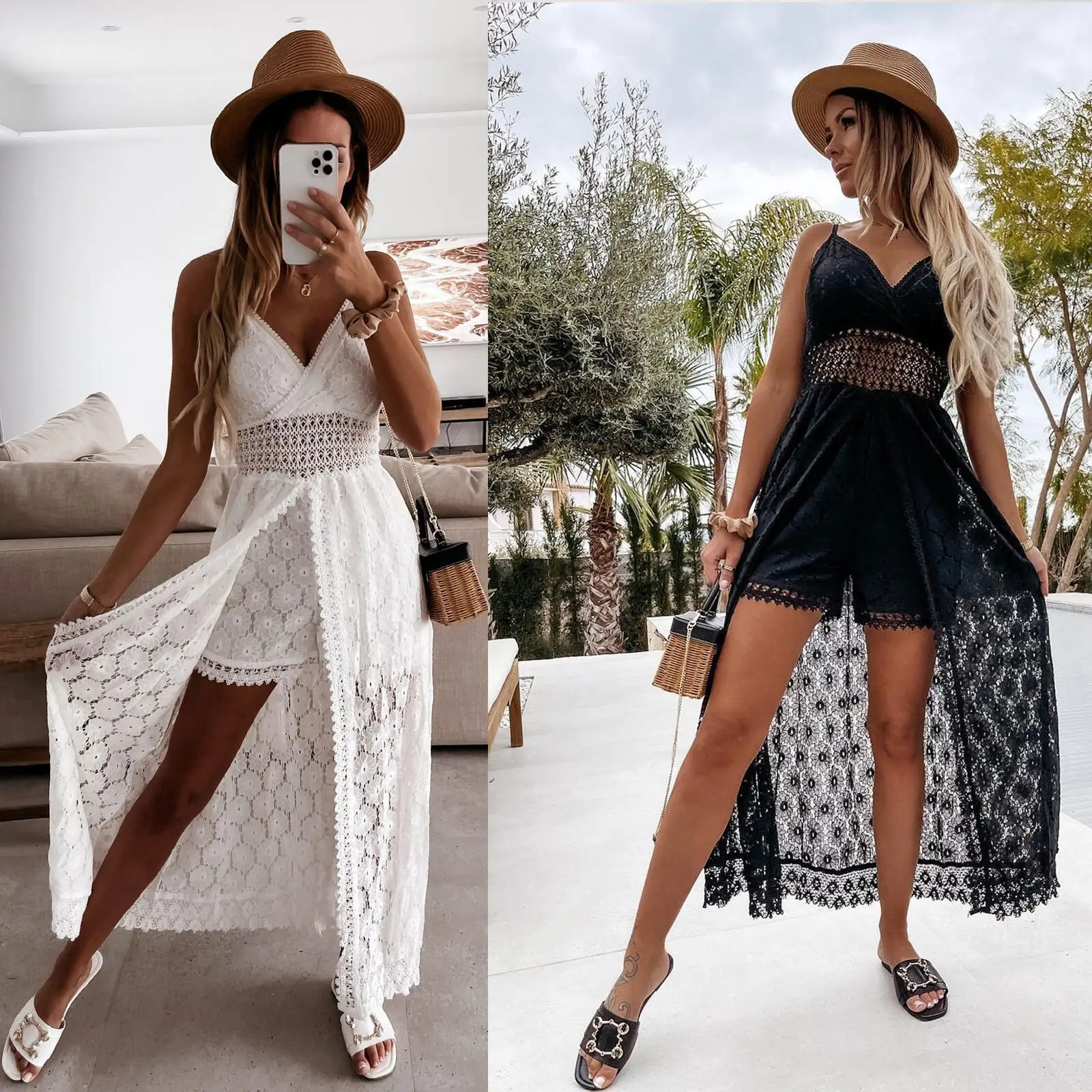 

Women Summer Casual Rompers Solid Black White Hollow Out Floral Lace Sleeveless Sling Playsuits Dress