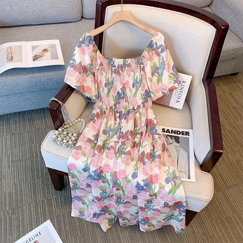 Large Size 7XL 150kg Women Floral Dress Casual Loose Short Sleeve High Waist Dress Slash neck Princess Kawaii Flower Dresses