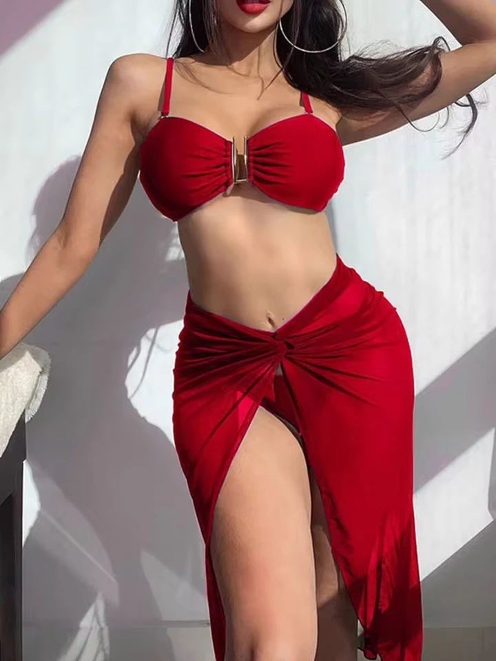 Vzvn Fashion Sportswear for Women Vintage Sexy Sleeveless Swim Solid Backless 2025 New All Season Three Piece Set Bikinis Set