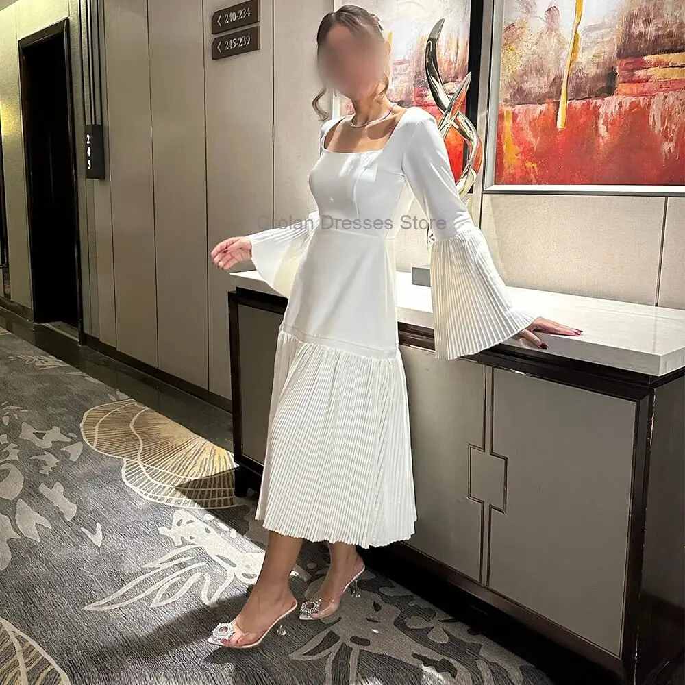 Saudi Arbia White Tea Length Jersey Evening Dress Elegant Square Collar Long Flare Sleeves Wedding Party Dress Woman Prom Gowns