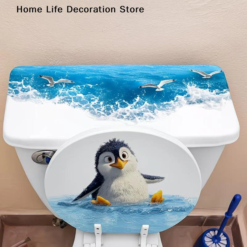 【H】Cute Swimming Penguin Toilet Sticker Toilet Lid Tank Sticker Bathroom Wall Sticker Self-Adhesive Removable Decals Home Decor