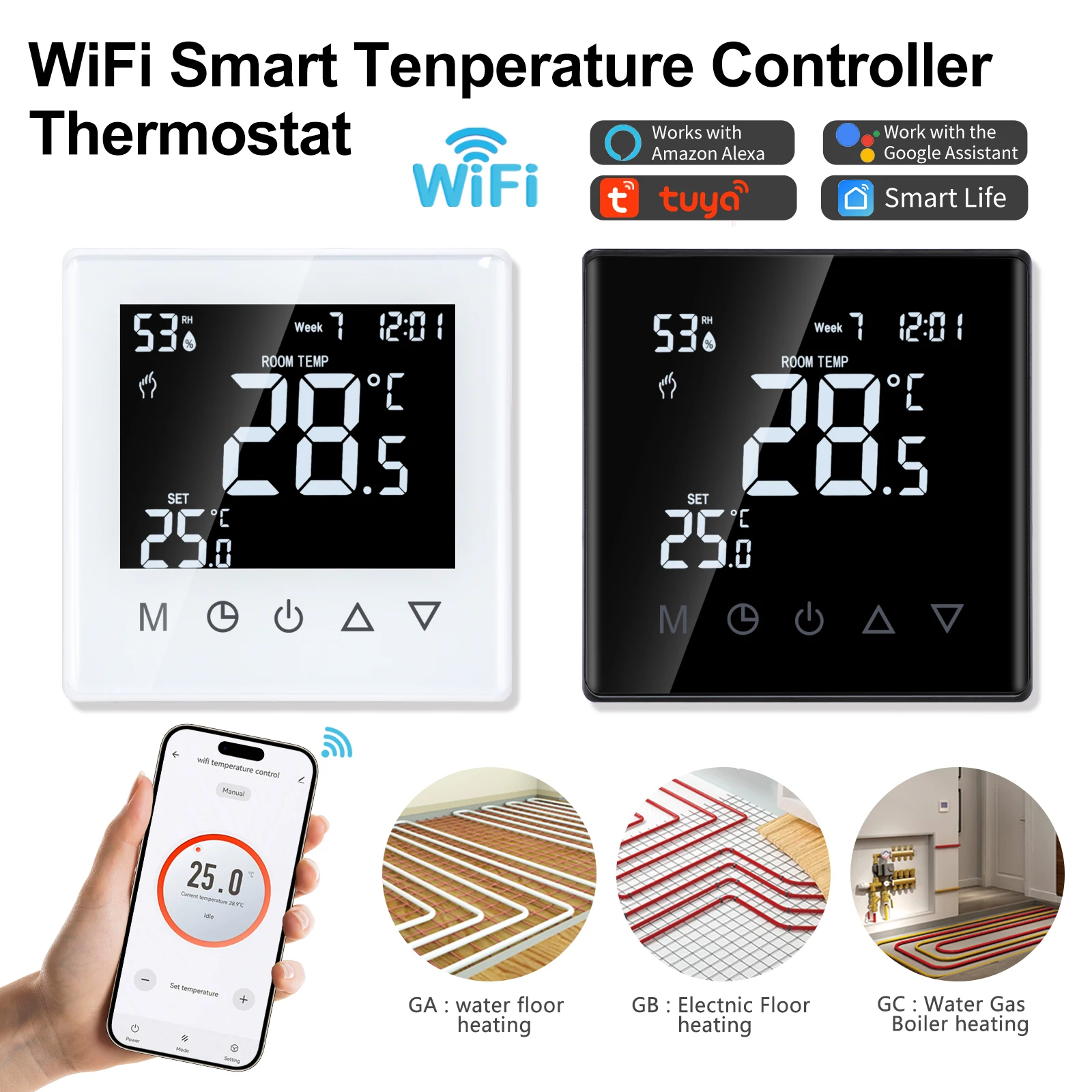 Bingoelec Tuya WiFi Heating Thermostat Smart Electric Water Floor Heating Temperature Controller for Google Home Alexa Alice