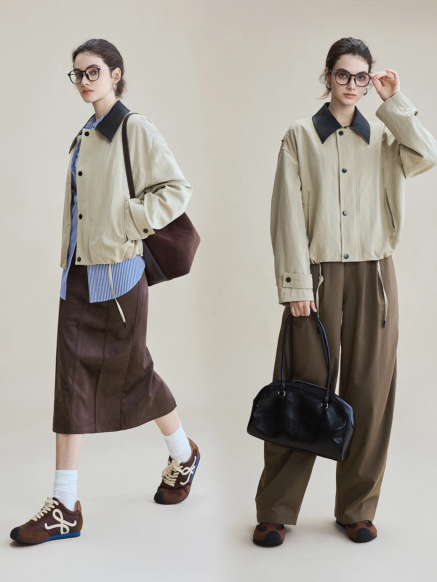 We Barn Sle ort leren kraagjas dames losse pasvorm contrasterende kleur Lyrca Fiber lente nieuwe mode bovenkleding