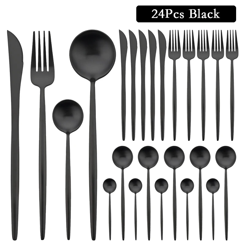 matte-black-24pcs-fork-spoon-knife-stainless-steel-dinnerware-cutlery-set-round-handle-silverware-tableware-home-flatware-set