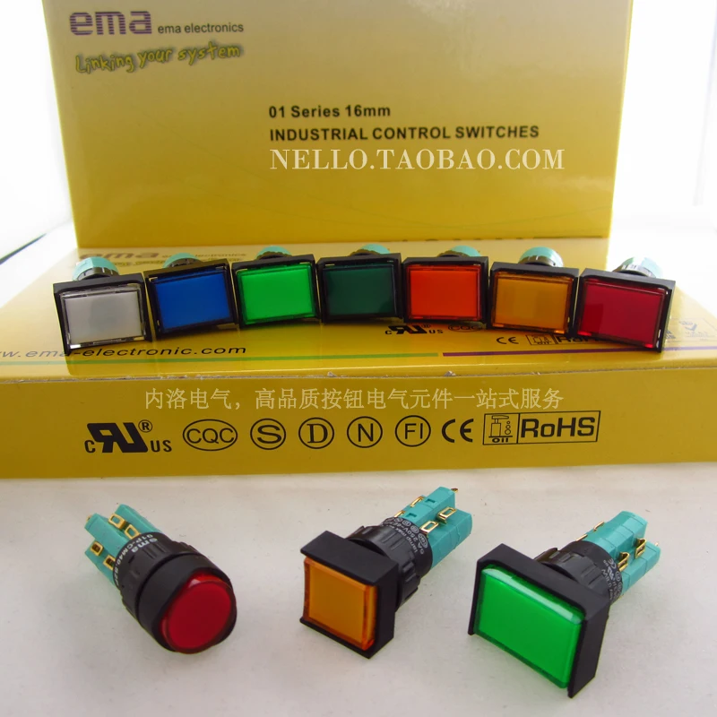 EMA 16mm illuminated pushbutton switch 01P-RA40.S2P 01P-SA40.S2P 01P-CA40.S2P rectangle round square  LED DC6V 12V 24V 110V-10p