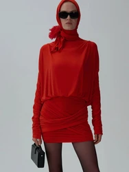 Sexy Long Sleeve Ruched Design Mini Dress Women Red White Folds Hollow Out Bodycon Dresses Elegant Evening Party Club Gowns