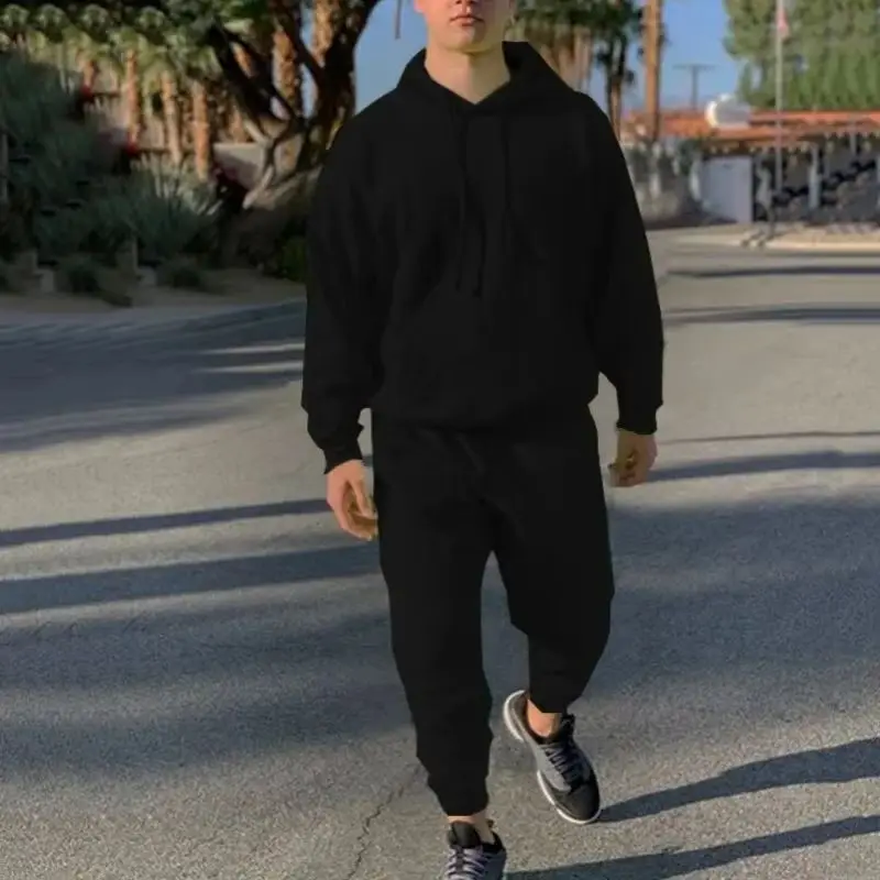Herrenmode-Trainingsanzug, einfarbig, 2-teilig, langärmelig, Kapuzenpullover + lockere Jogginghose, lässiger Sportanzug für Herren, 2025, Neueste