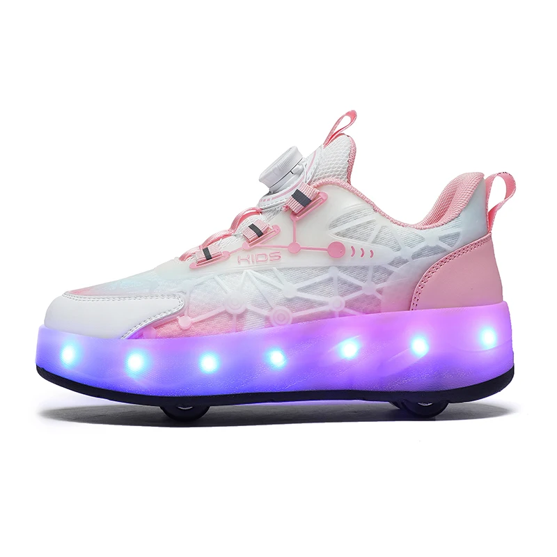 2023 New Hot Wheels LED Luminous Glowing Sneakers Gold Pink Led Light Roller Skate Shoes Kids Led Sport Roll Shoes LED Shoes