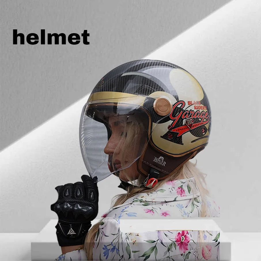 

Мотоциклетный шлем из углеродного волокна, шлем три четверти, полушлем в стиле ретро с двойными линзами для мужчин и женщин, круглый летний шлем