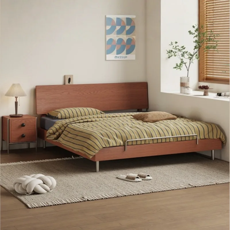 Medieval ash wood solid wood bed French retro large board bed Small apartment bedroom household 1.5 meters flush single bed