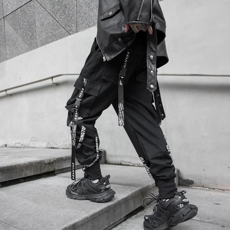 HOUZHOU Techwear Cargo Pants Men Joggers Black Cargo Trousers for Men Jogging Japanese Streetwear Hip Hop Hippie Gothic Ribbon