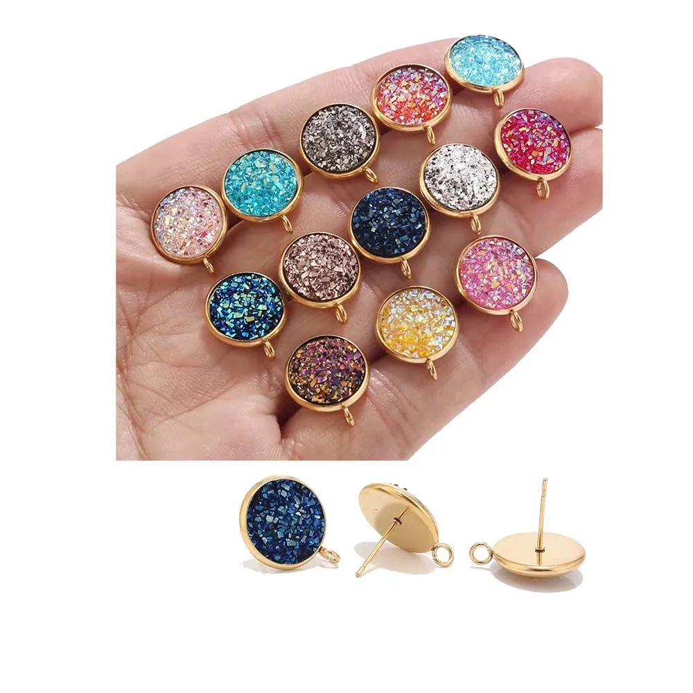 10pcs 12mm Round Resin Druzy Stainless Steel Stone Post Earring Findings with Loop Gold Stud Earrings Supplies