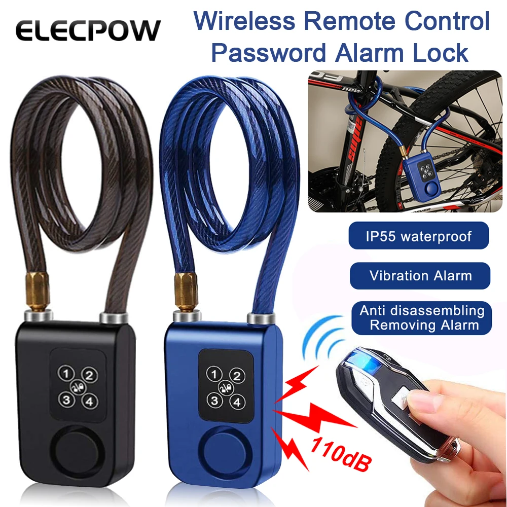 Elecpow Bike Motorcycle Lock Alarm Wireless Remote Control Waterproof 110dB Scooter Bicycle Burglar Vibration Alarm Cable Lock