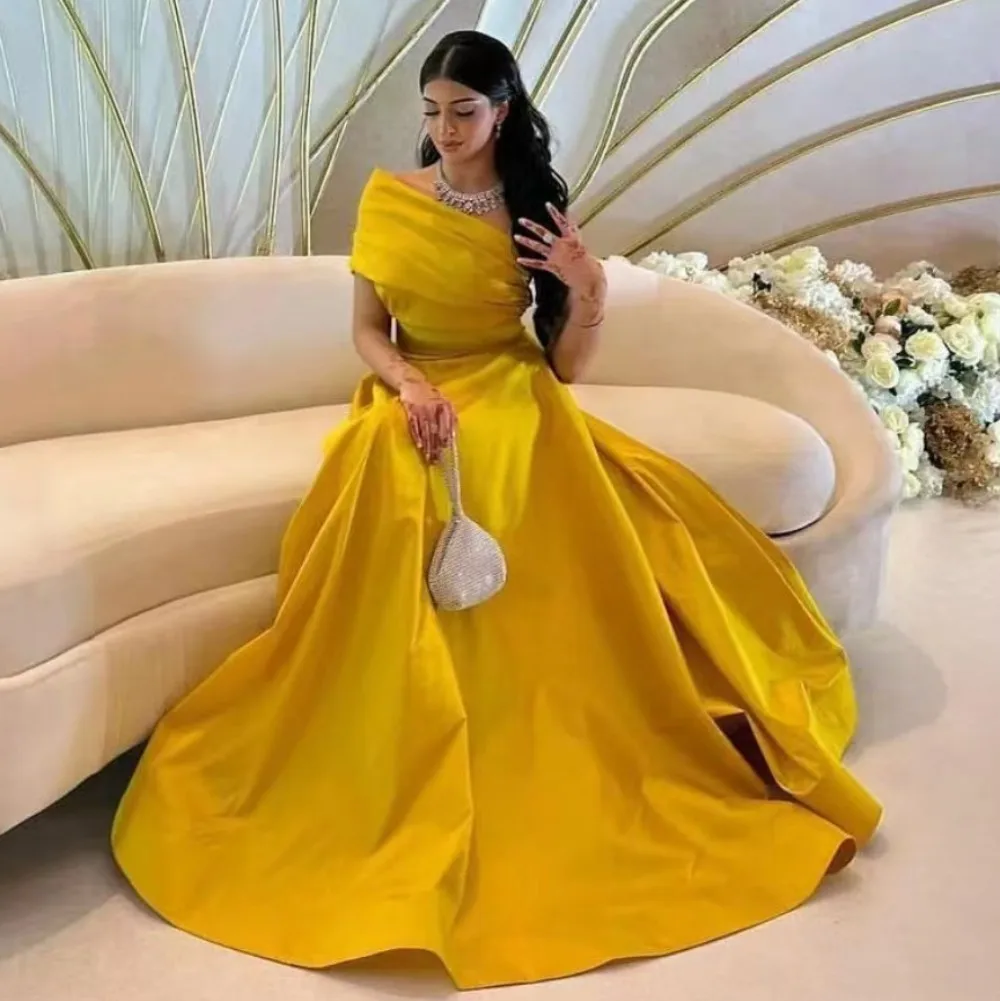 Merida Yellow Evening Dresses Satin One-Shoulder Ruffle Floor-length A-Line Sleeveless Elegant Party Dresses For Women 2023