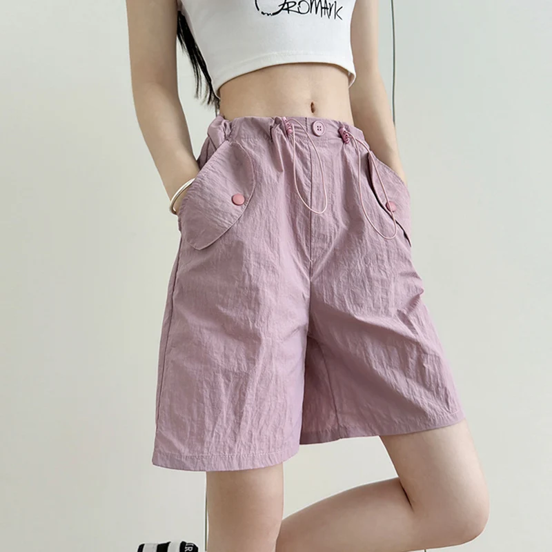 

American Quick Drying Cargo Shorts Women Summer High Waist Wide Leg Shorts Woman Streetwear Solid Color Straight Short Pants