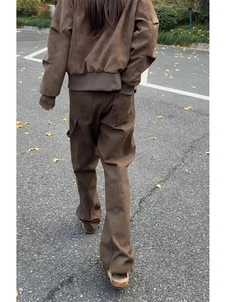 

Retro American Flared Jeans Men's Winter Fce Lined Patchwork Loggers Straight Leg Long Trousers Casual Non-ironed Procing