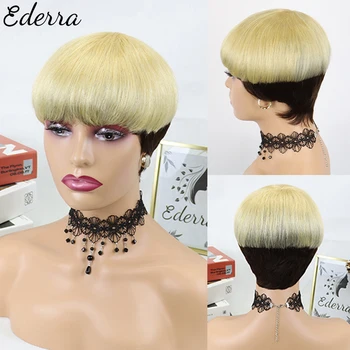 앞머리가 있는 짧은 픽시 컷 가발, 브라질 저렴한 인모 가발, 흑인 여성용 풀 머신 제작, 앞머리가 있는 접착제리스 짧은 가발