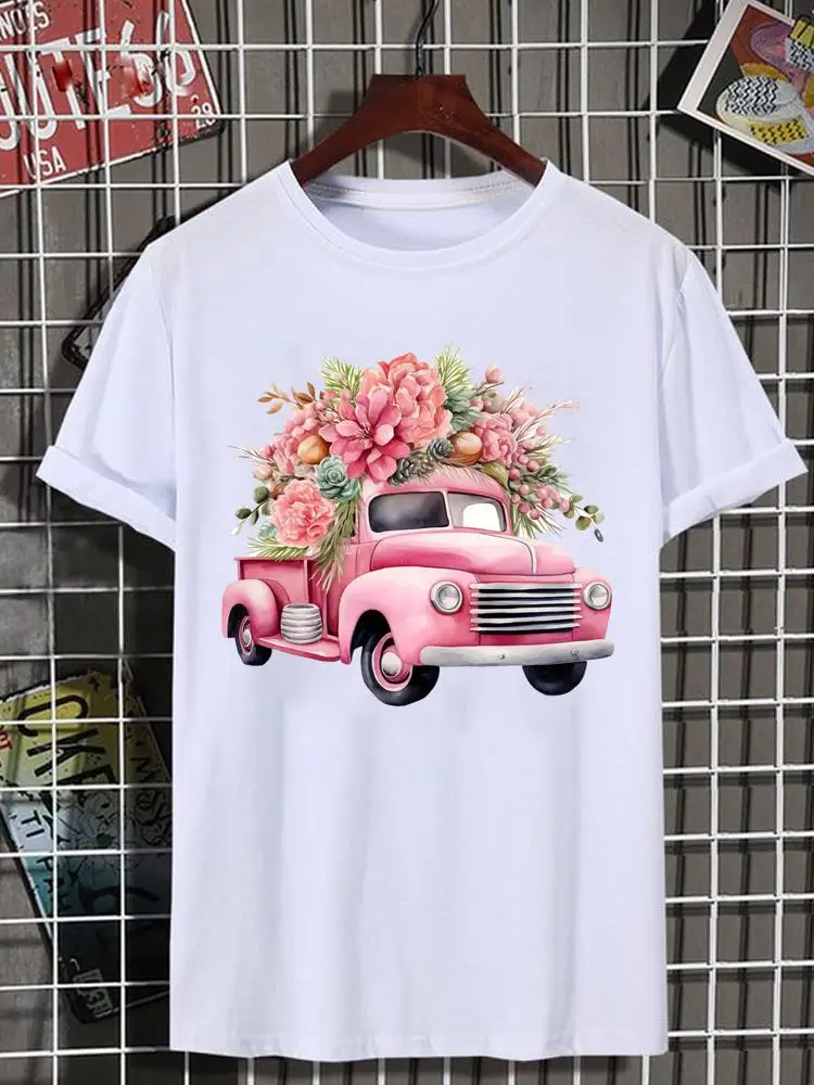 Flower Truck Cartoon Cute Casual Graphic T-shirts Tee Women Clothes Print Female Shirt Short Sleeve Lady Fashion Clothing