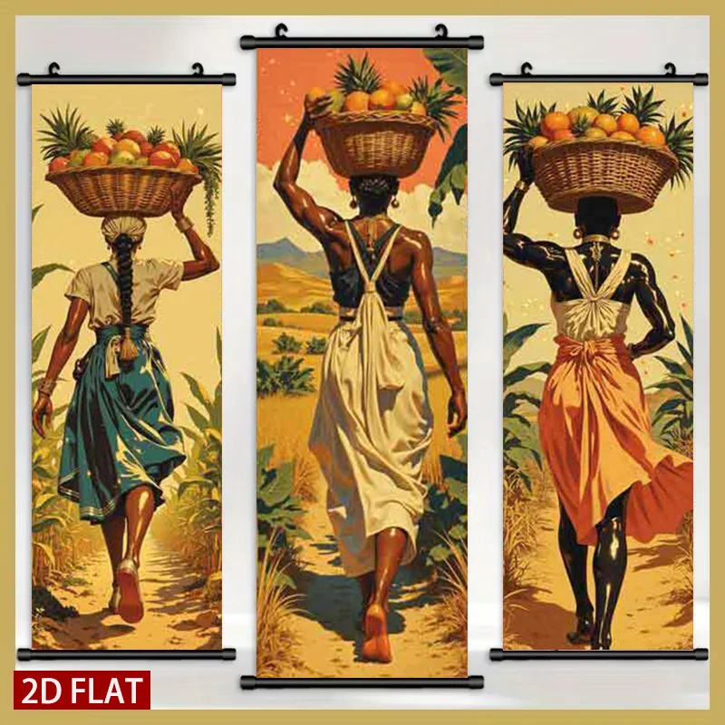 2D/FLAT-3 piezas de arte de pared con diseño de mujeres africanas transportando cestas de frutas, arte impreso en plástico estilo retro, ideal para la sala de estar.