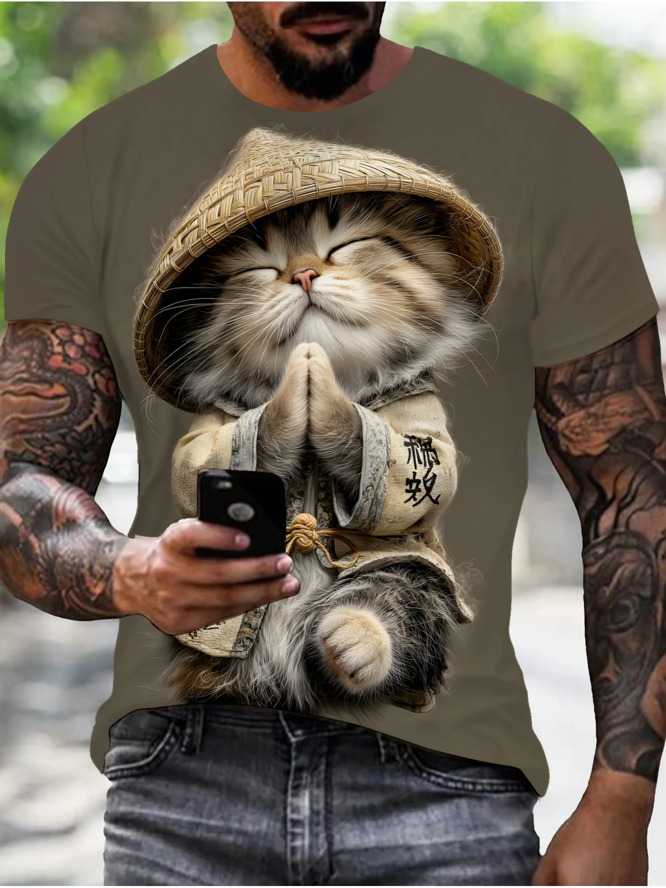 Men's Cute Woven Hat Cat Pray Print T-Shirt Traditional Chinese Style Kitten Graphic Crew Neck Short Sleeve Tee