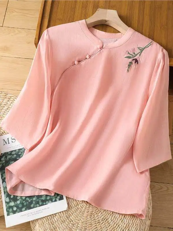 

New Chinese Style Vintage Embroidered Shirt Five-Quarter Sleeve Loose Fit Button up Stand Collar Side Slit Women's Summer Top