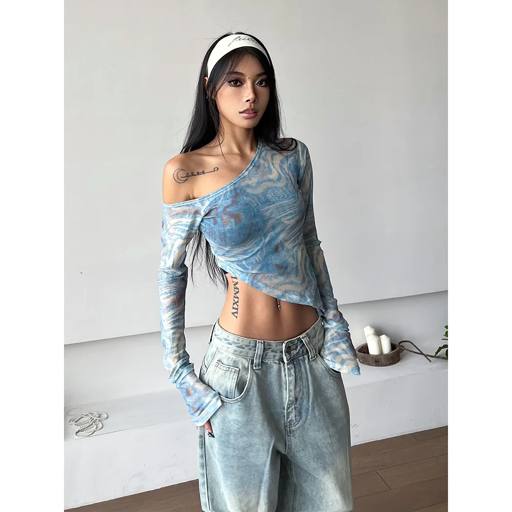 Spring Sexy Tie-Dye Mesh Asymmetrical Top for Women Slim-Fit Vintage Y2K Off-Shoulder Jazz Style Long Sleeve with Edgy Irregular