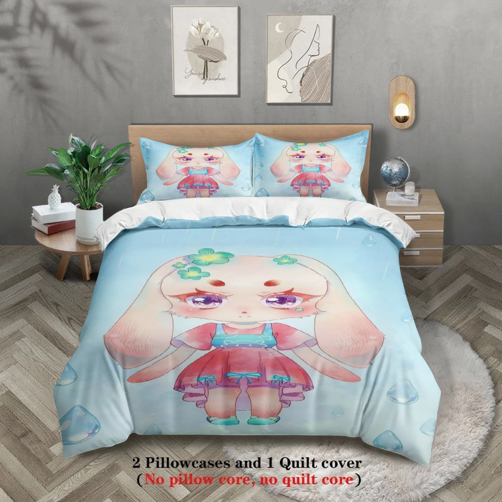 

Комплект постельного белья Softville Cozy Town из 3 предметов: пододеяльник с принтом кролика Лоп и капель дождя, без наполнителя, в мультяшном стиле, размеры Queen и King