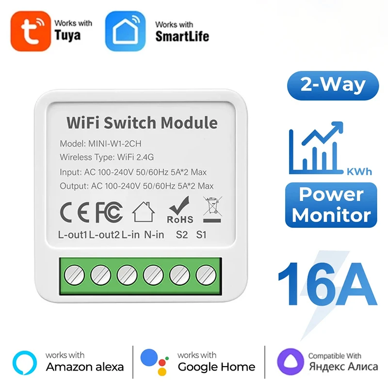 16A Tuya WiFi Mini Smart DIY Switch 2 Way Control Smart Life Relay Automation Breaker Works With Alexa Google Smart Home Yandex