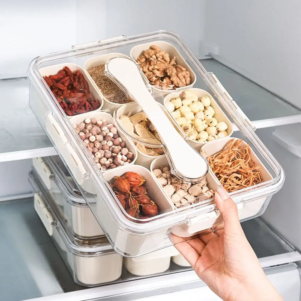 

Plastic 9 Divided Serving Tray Sealed Food-grade Spice Storage Box Reusable with Lid and Handle Snack Platters for Kitchen