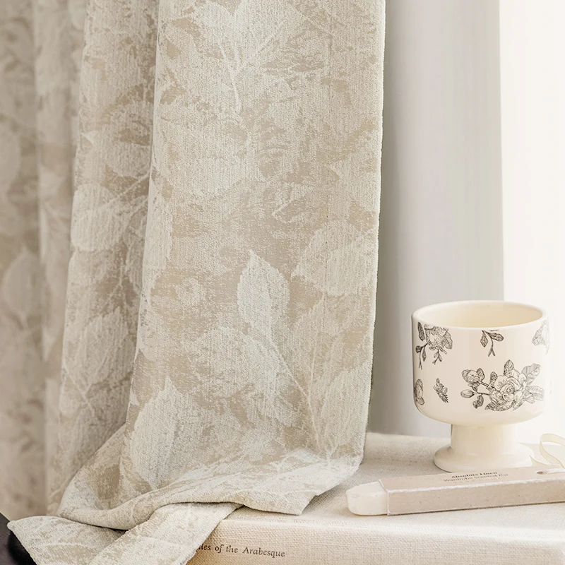 1Pc, French Jacquard Print Leaf Blackout Bedroom Curtains, Living Room High-end Light Luxury Retro Window Decoration Drapes
