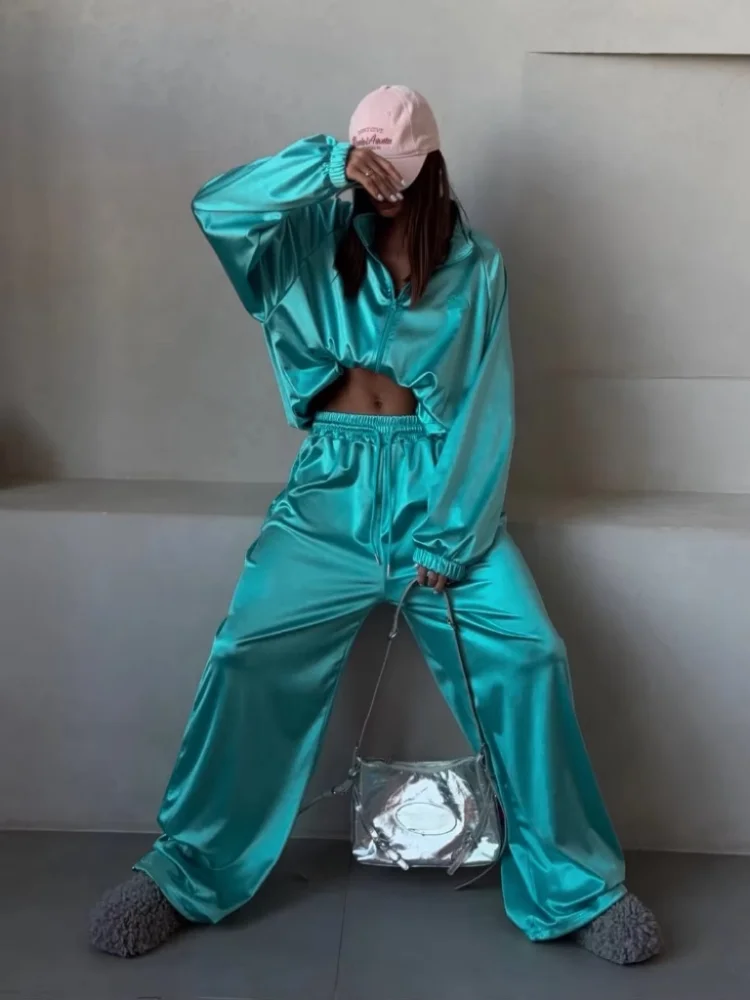 Women Satin Shiny Two Piece Set Long Sleeve Zipper Crop Coat High-waisted Drawstring Wide Leg Pants  Spring Chic Casual Suit