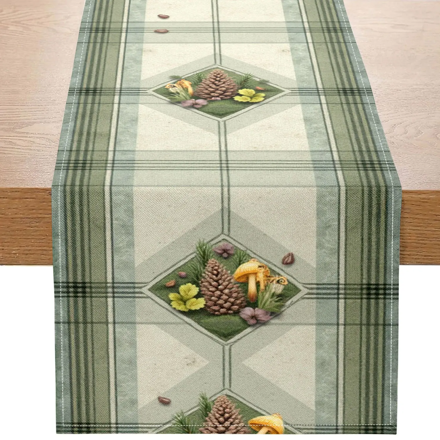 

1 Piece of Forest-Themed Table Runner, Decorated with Pine Cones, Mushrooms, and Plaid Patterns, Suitable for Camping and Forest-Style Home Decoration