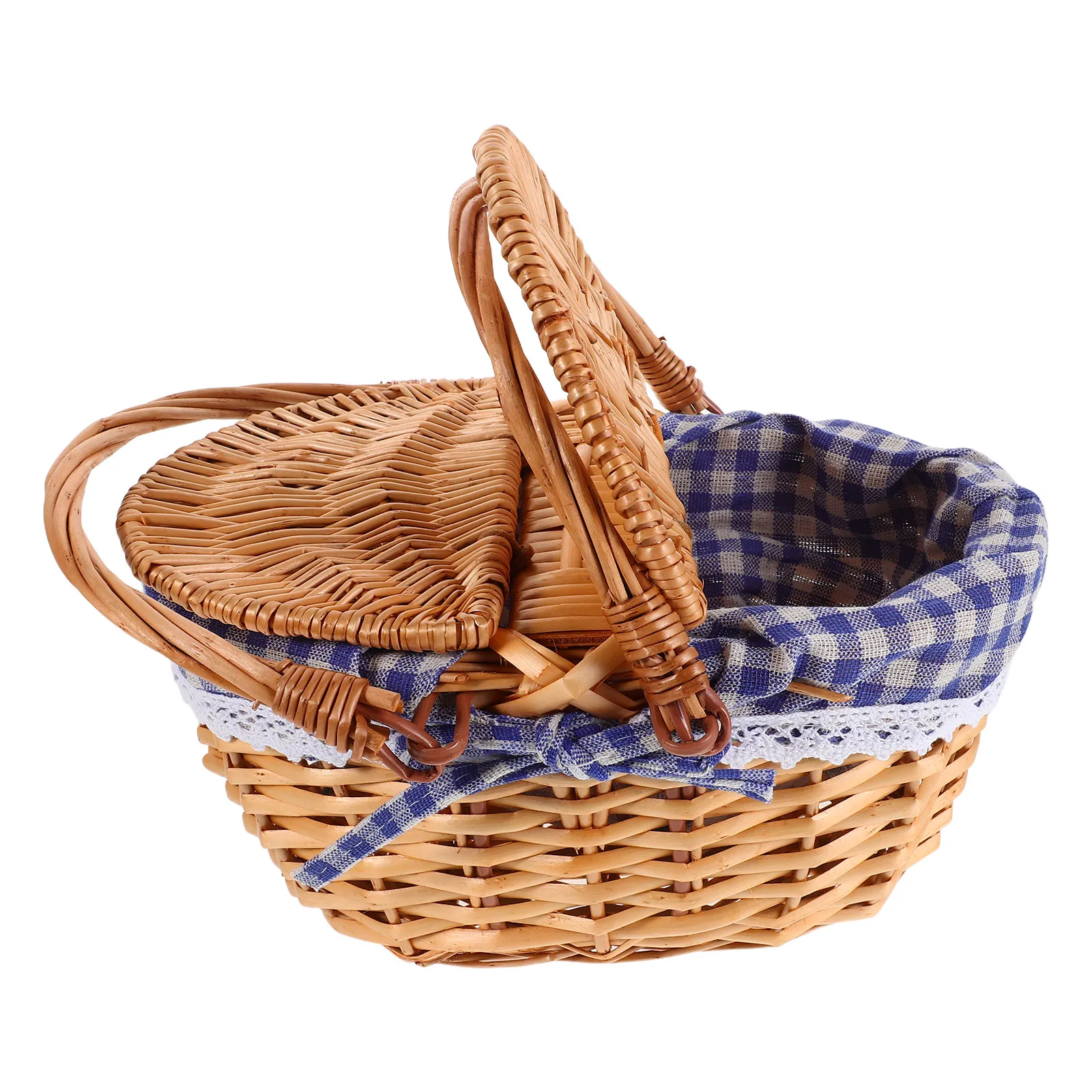Small Childrens Wicker Picnic Basket Lightweight Hand-Woven Rattan Hamper with Lace Trim Gingham Interior for Outdoor Play Berry
